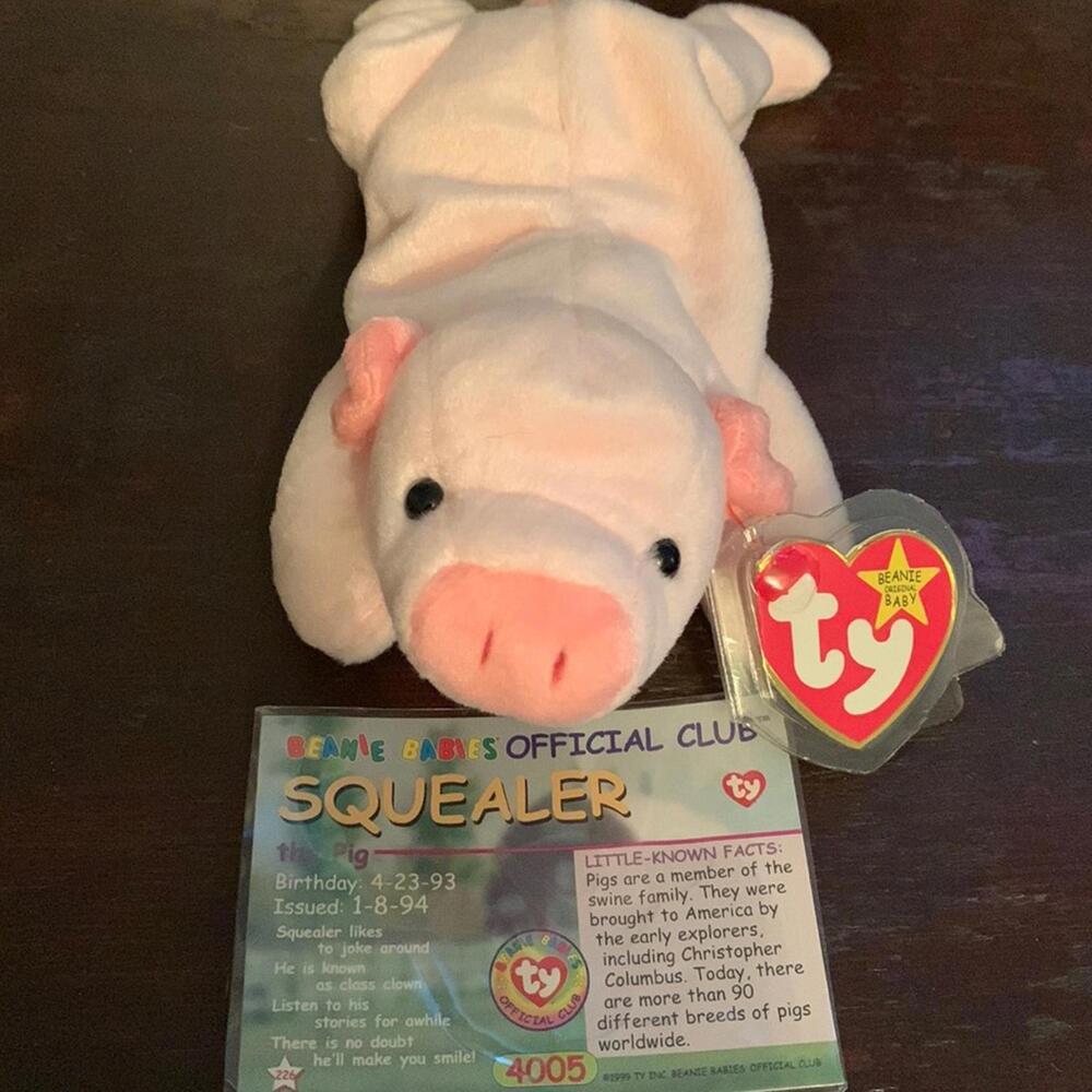 Very RARE Ty 1993 Squealer the Pig Beanie babies DOB 4/23/93 WITH ERROR